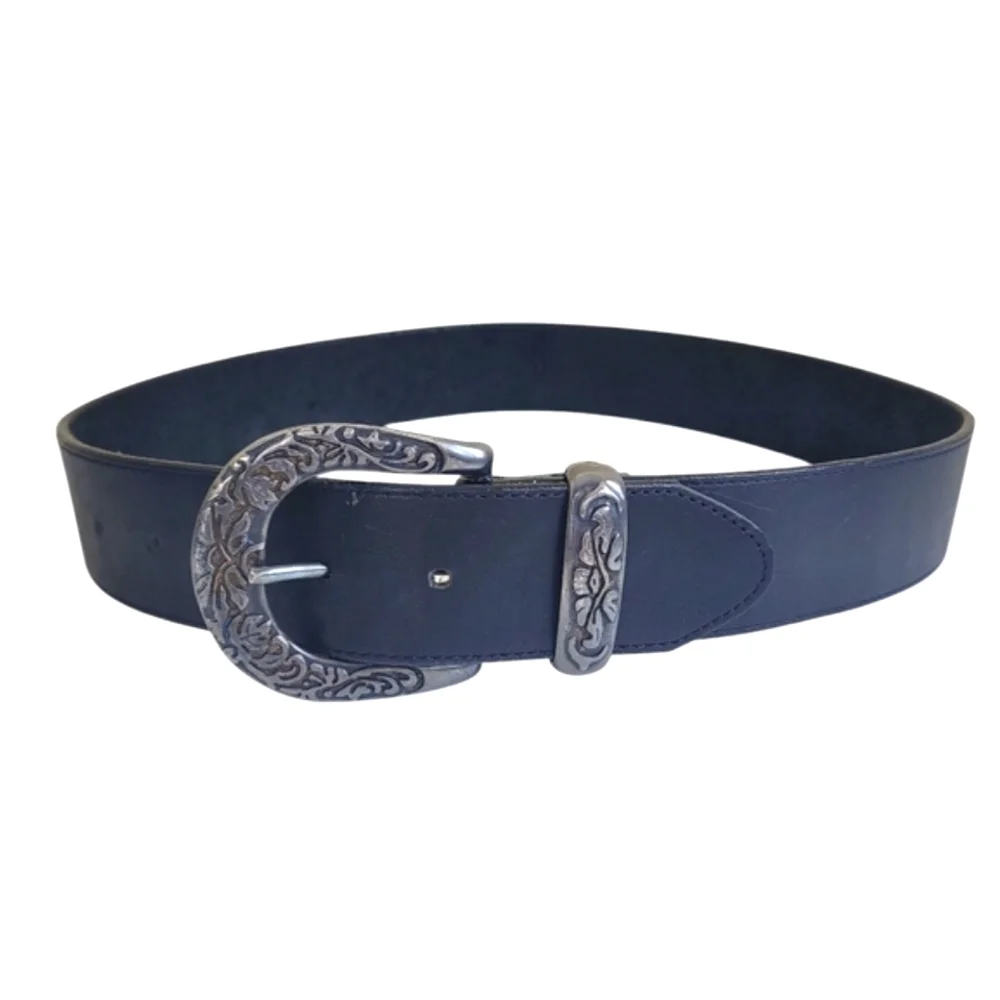 LL Bean Black Leather Belt W Floral Silver Buckle 30 Small Western Boho